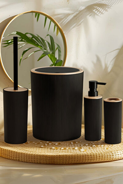 İndecor Houseware Liza 4-Piece Bathroom Set Black - Trash Can, Toilet Brush, Liquid Soap Dispenser, Toothbrush Holder