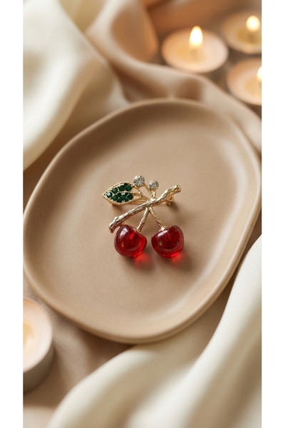 SR Jewelry Box Taşlı Kiraz Figürlü Gold Broş | Kırmızı Kristal Detaylı Şık Ka...