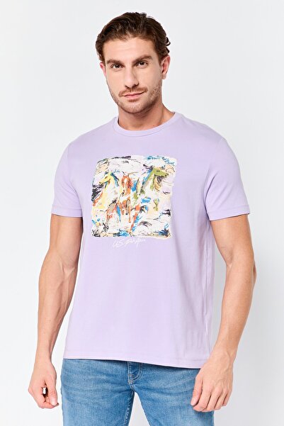 U.S. Polo Assn. Men Crew Neck Short Sleeve Graphic Print T-Shirt, Lavender