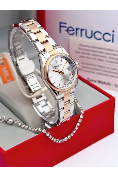 Ferrucci Steel Strap Calendar Minimal Case Women's Wristwatch 3 Atm 2 Years Warranty + Bracelet Gift