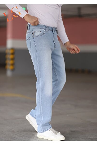 LORDA GİYİM TONI S Men's Jeans Baggy High Waist Zippered Lycra Light Blue with Bib