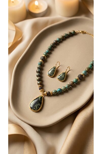 SR Jewelry Box Doğal Labradorit Taşlı El Yapımı Damla Kolye ve Küpe Seti – Gold Kaplama Takı