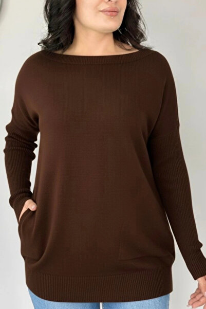 Bİ.GİYSEN Women's Dark Brown Crew Neck Side Pocket Stretch Fabric Stretchy Soft Textured Knitwear Blouse