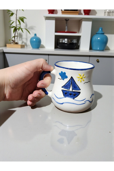AyBİEN Marin Breeze – Deniz Temalı Yelkenli Desenli El Yapımı Seramik Ayran B...