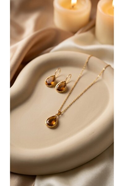 SR Jewelry Box Kahverengi Damla Taşlı El Yapımı Minimal Kolye ve Küpe Seti – ...