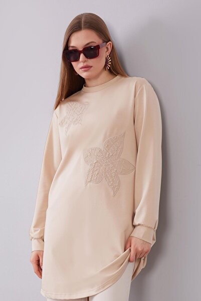 Levidor Beige Double Floral Patterned Sweatshirt