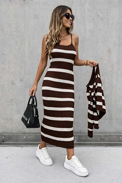 MODAM DENSTINY Women's Shoulder Strap Stripe Detail Dress And Button Detail Cardigan Double Set