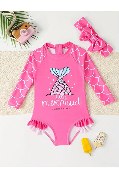 MODA Kız bebek denizkızı desenli uzun kol tulum mayo, fırfır detaylı, saç ban...