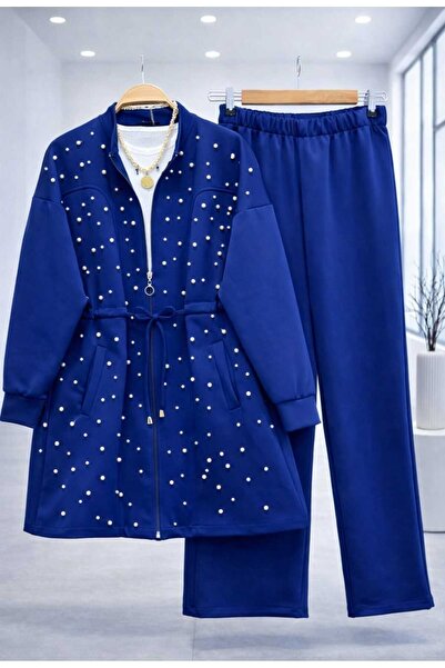 MODA VEDAT Women's Pearl Detailed Scuba Fabric Pants Set -0650