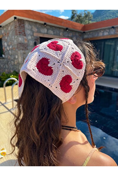 Ra Design store Powder Pink Hand-Knitted Hair Bandana with Red Heart Detail
