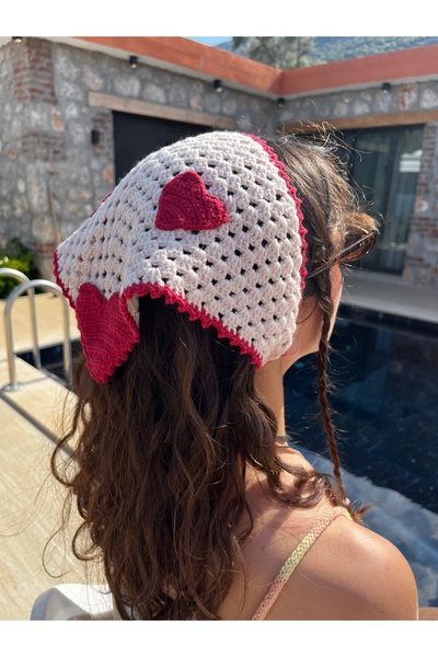 Ra Design store Stone-Colored Hand-Knitted Hair Bandana with Red Heart Details