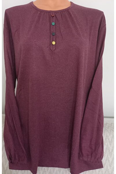 Anne Er Clothing Winter Battal Cotton Combed Cotton Blouse Long Crew Neck Burgundy