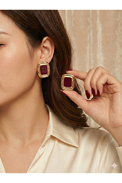 Pelin Aksesuar Burgundy Enamel Gold Edged Rectangular Earrings