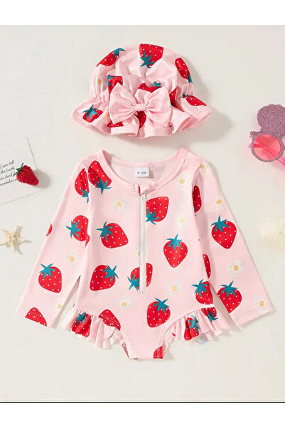MODA Kız bebek çilek desenli uzun kol tulum mayo, fermuarlı, fırfır detaylı, şapkalı set.