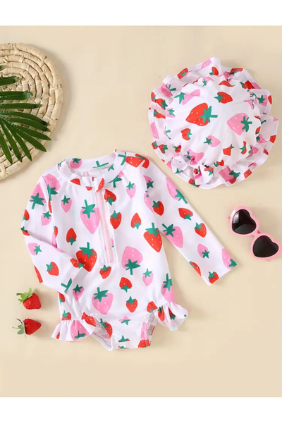 MODA Kız bebek çilek desenli uzun kol tulum mayo, fermuarlı, fırfır detaylı, ...