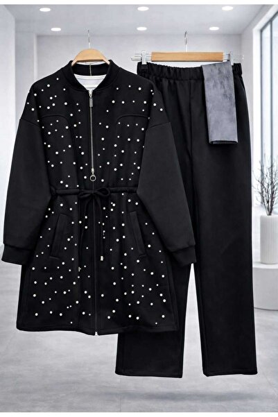 MODA VEDAT Women's Pearl Detailed Scuba Fabric Pants Set -0650