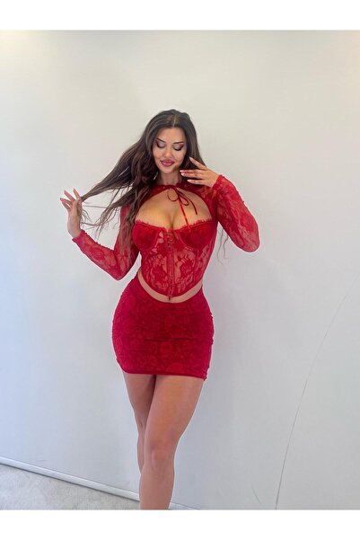 pink life Fustă mini din dantelă roșie cu agrafe. Mânecă lungă. Set.