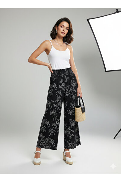 Stor Kadın Yüksek Bel Çiçek Desenli Bol Paça Palazzo Pantolon