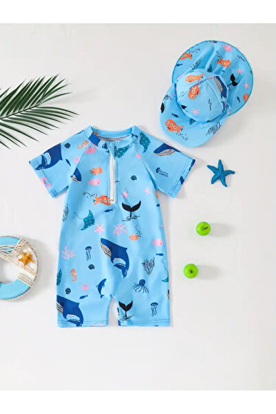 MODA Erkek bebek deniz temalı kısa kol tulum mayo, fermuarlı, şapkalı set.