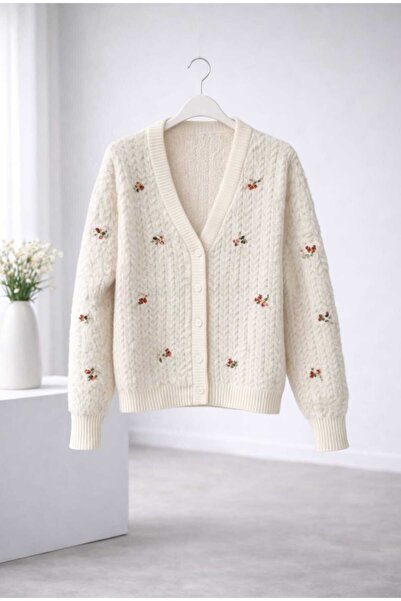 MODA VEDAT Women's Floral Embroidered Knit Cardigan - Standard Size Suitable for Size 36/42