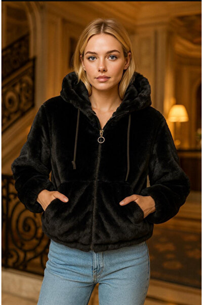 jöns since 1997 Women's Hooded Pocket Black Faux Fur Coat