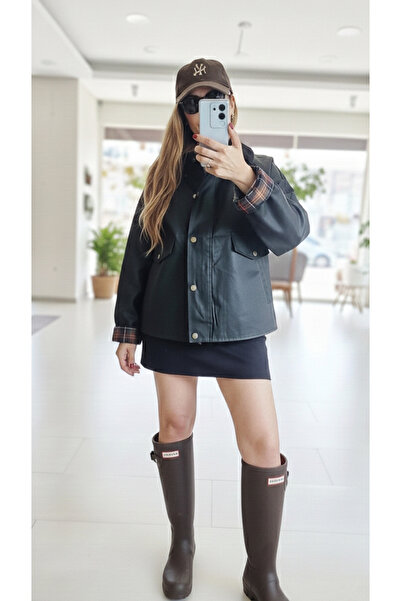 PINARKAYASTYLE Kadife Yaka Mumlu Görünümlü İçi Ekoseli Yeşil Ceket Mont