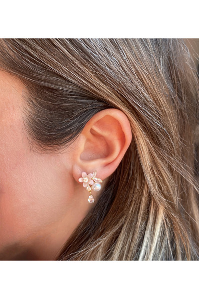 GOX Arkası 925 Ayar Gümüş Mayorka İncili Gerçek Zirkon Yaprak ve Damla Taş De...