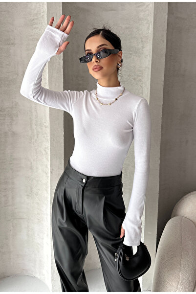 KHAB PREMİUM Women's Finger-Through Detailed Corded Fabric Bodysuit