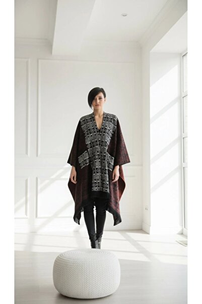 larocci Women's Black Ethnic Pattern Poncho Shawl