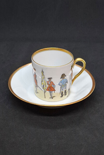 LANGENTHAL 1930S Swiss Uniforms Hand Painted Antique Porcelain Coffee Cup 2 Pieces 90 ml