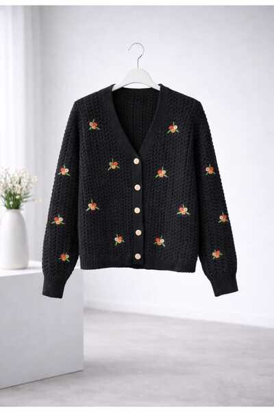 MODA VEDAT Women's Floral Embroidered Knit Cardigan - Standard Size Suitable for Size 36/42