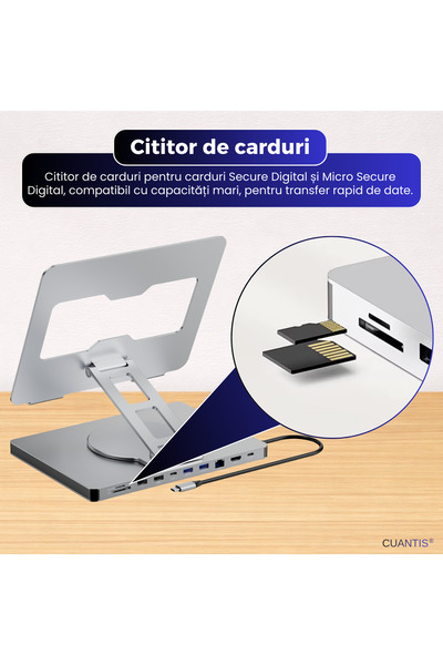 Cuantis Suport laptop aluminiu reglabil 360°, hub USB-C 10 porturi, 4K, încărcare 100W, gri