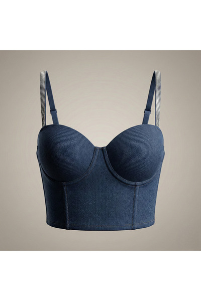 Ponpon Collection Koyu Mavi Taşlı Askılı Denim Büstiyer & Korse Top