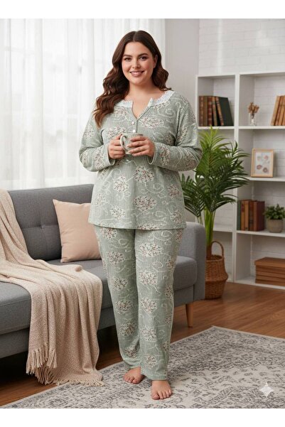 İNSPİRA Plus Size Oversized Pajama Set Patterned Long Sleeve Winter Fabric Cotton