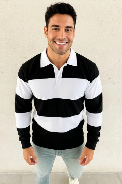 BLACK MODBLACK Eli̇zya Men's Polo Collar Long Sleeve Striped Sweatshirt Trend...