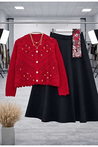 MODA VEDAT Women's Floral Detailed Knitwear Cardigan Skirt Set (the Cardigan and Skirt Are Sent as 2 Pieces)