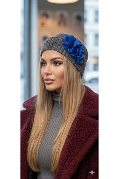 drt tasarım Gri Simli Payetli Geniş Saç Bandı Çiçek Süslemeli