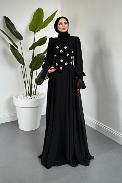 MERVEN AKYÜZ Lumiere Seyyar Korseli Şifon Abiye Siyah