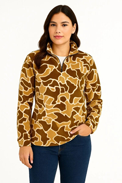 BLACK MODBLACK Women's Half Zippered Patterned Fleece Sweatshirt with Collar, Long Sleeves, Oversize Comfortable Fit - Brown