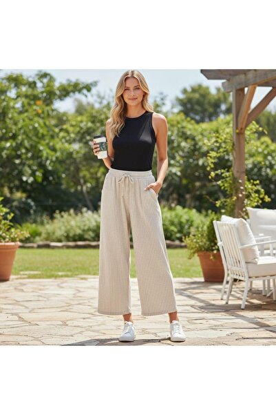 GÖMLEK GALERİSİ Women's Cotton Striped Elastic Waist Sports Pants Standard Si...