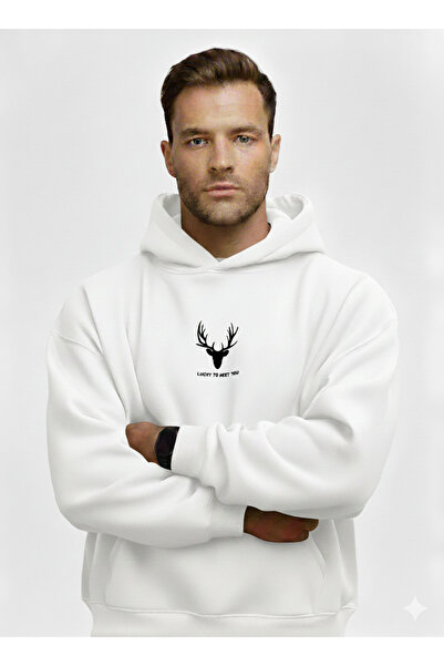 ALİ.COM Three Thread Hooded Inside Cotton Lucky to Meet You B Printed O Oversized Sweatshirt