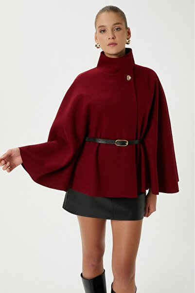 Ritnice Women's Kayla Gold Buttoned Belted Burgundy Cashmere Poncho