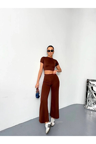 BLACK MODBLACK Osy Modal Soft Textured Fabric Short Sleeve Crop Bottom Flared...