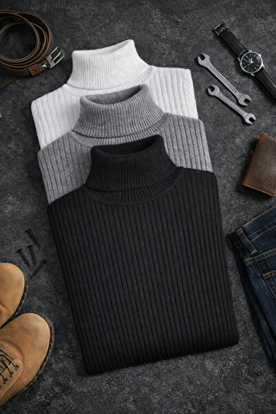 SR Tekstil Erkek 3'lü Paket Boğazlı Triko Kazak