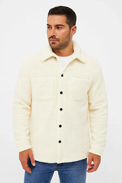 BLACK MODBLACK Men's Plush Fleece Cardigan Shirt – with Collar, Buttoned, with Chest Pocket, Soft Textured