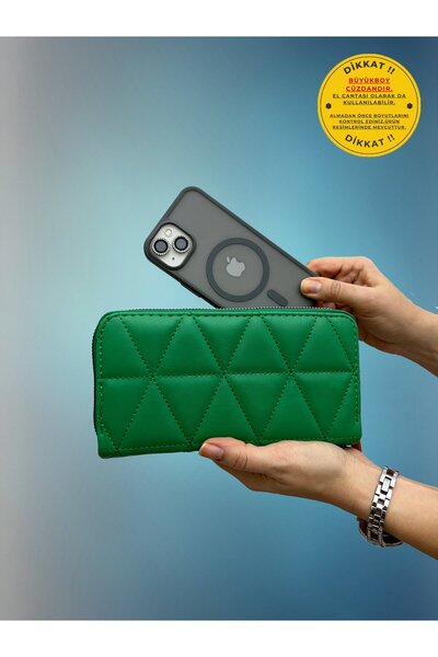 shiny ever Large Size Women's Double Zipper Wallet with Phone Compartment Green Leather Wallet Handbag with Gold Detail