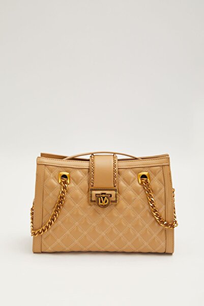 Levidor Quilted Embroidered Chain and Fold Lock Detailed Women's Large Size Stylish Shoulder Bag Khaki