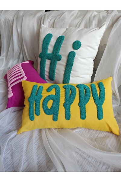 Hİ ! HAPPY ! | İsme Özel Punch İşlemeli Yastık Kılıfı | Kişiselleştirilebilir El Yapımı Kırlent