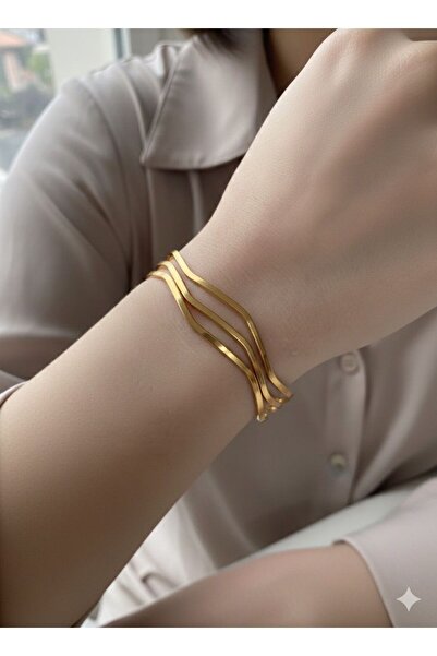LUXENYA DESİGN Altın Renk 3’lü Kadın Çelik Zikzak Ajda Bilezik Seti 316L Pasl...