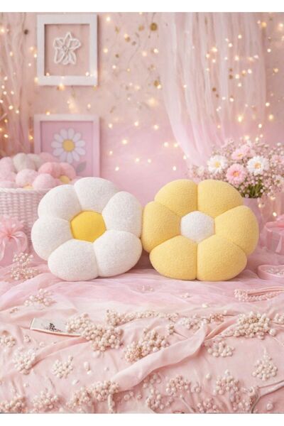 TrendTopic Dekoratif İkiz 37 Cm Elyaf Dolgulu Papatya Kırlent Yastık Minder
